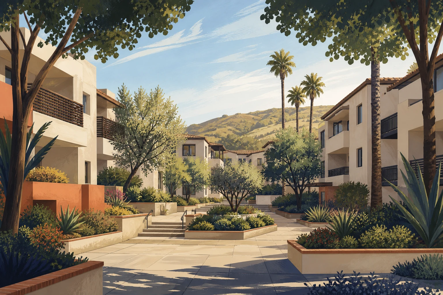 Editorial illustration of a landscaped Warner Center condominium community