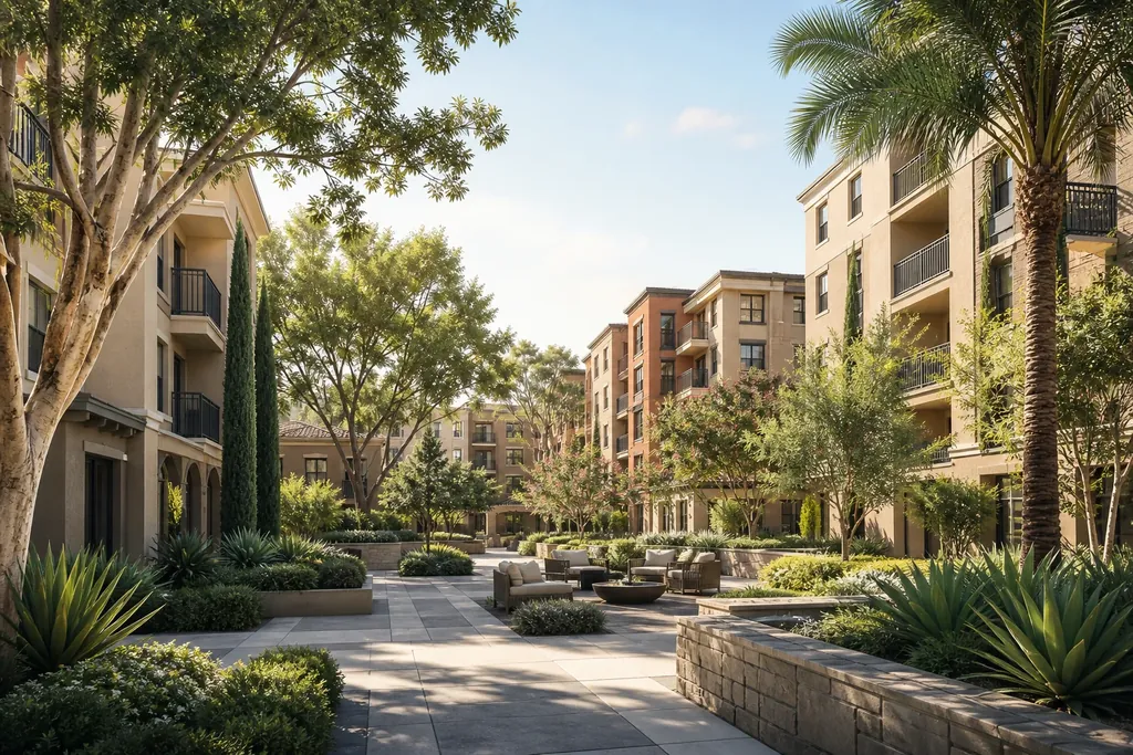 Generic editorial illustration of a Warner Center residential community